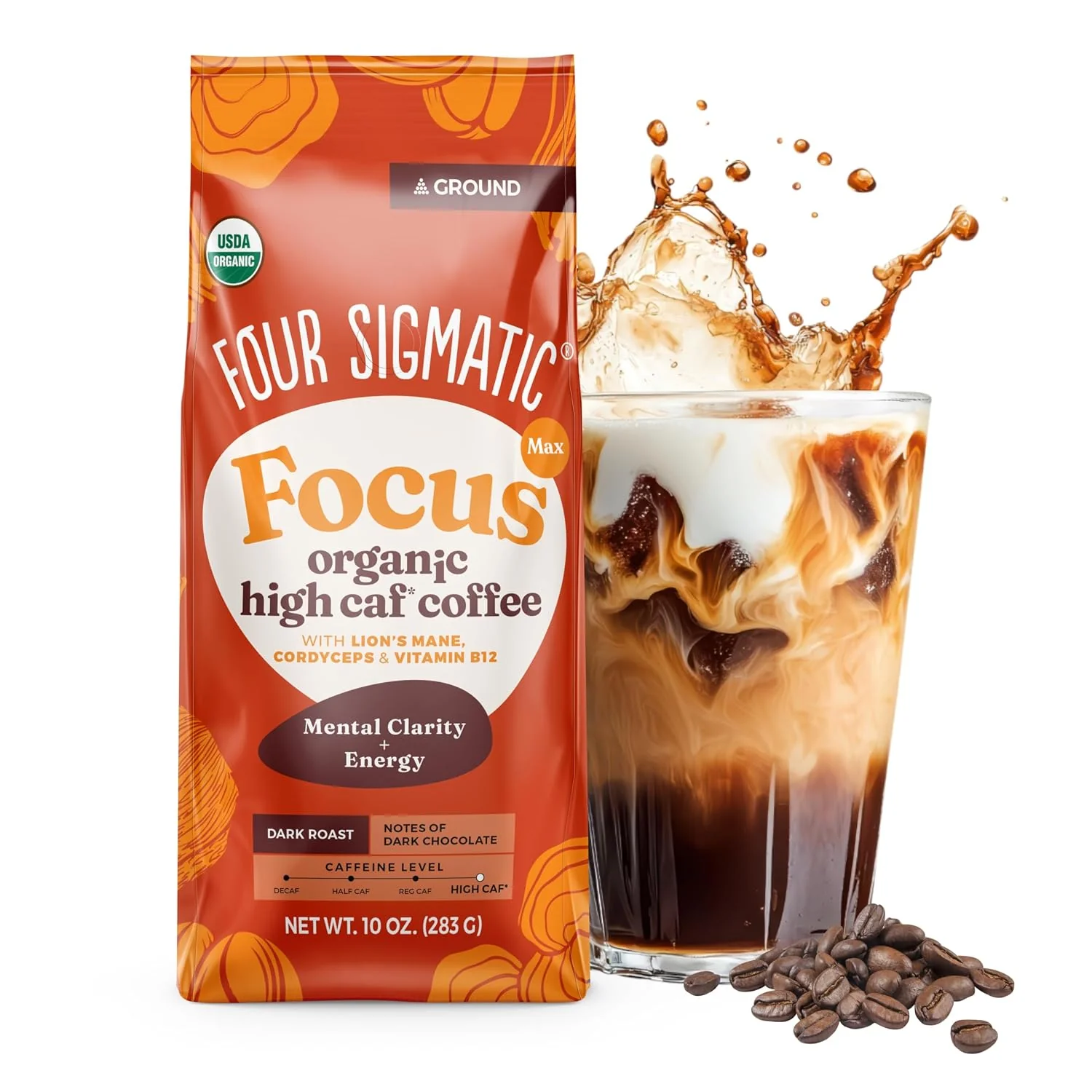 Expertly Made Four Sigmatic Focus Max High Caffeine Cordyceps Coffee Organic Dark Roast High Caffeine Ground Coffee with Cordyceps Lion's Mane and B12 Energy Booster Without the Jitters 10oz Bag Safe