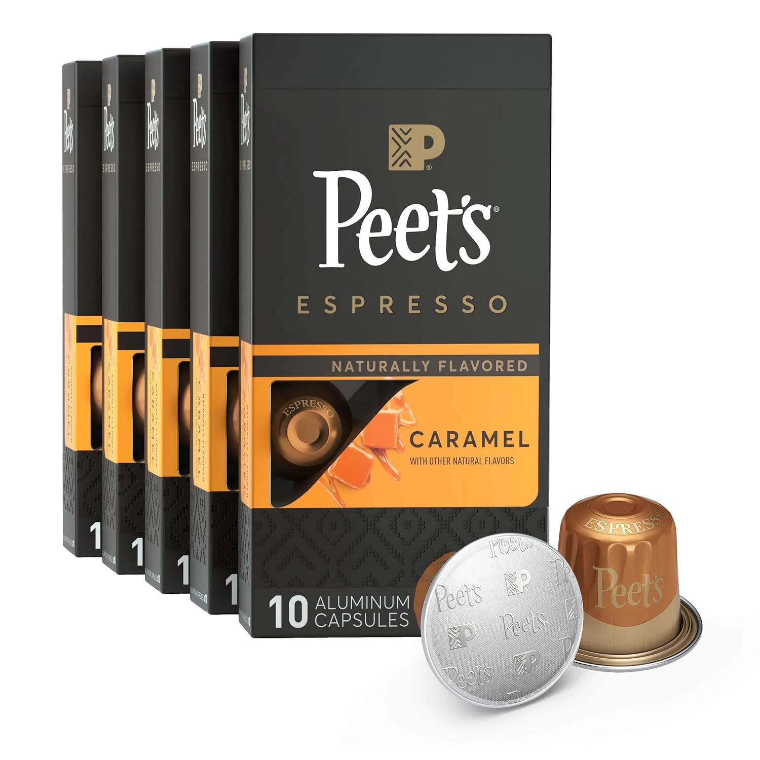 Organic Peet's Coffee Medium Roast Espresso Capsules Compatible with Nespresso Machine - Caramel 50 Count 5 Boxes of 10 Espresso Capsules Modern