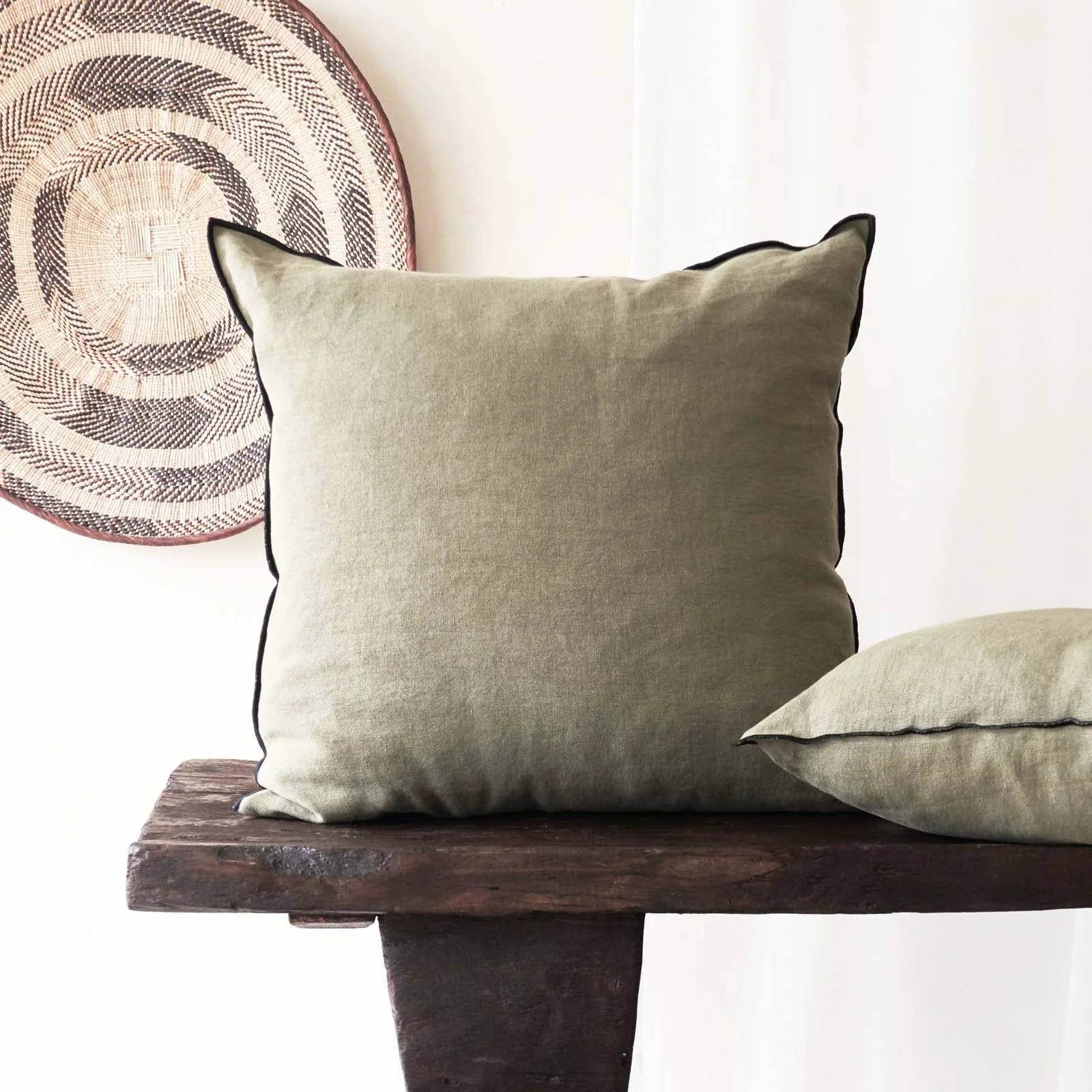 Contemporary Black Line Cushion Stone Washed Linen - Kaki Reliable