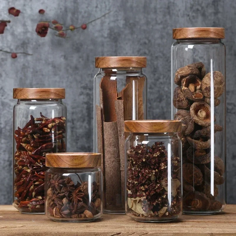 Versatile Pact Glass Storage Jar – Airtight Canister with Wooden Lid for Coffee Ce Dry Food 6 Sizes Specialty