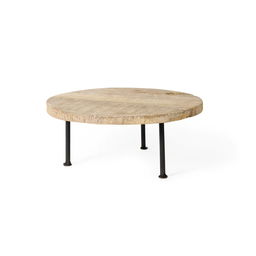 Refined Cedric 15L x 15W x 6H Round Light Brown Wood w Black Metal Legs Decorative Display Stand Modern