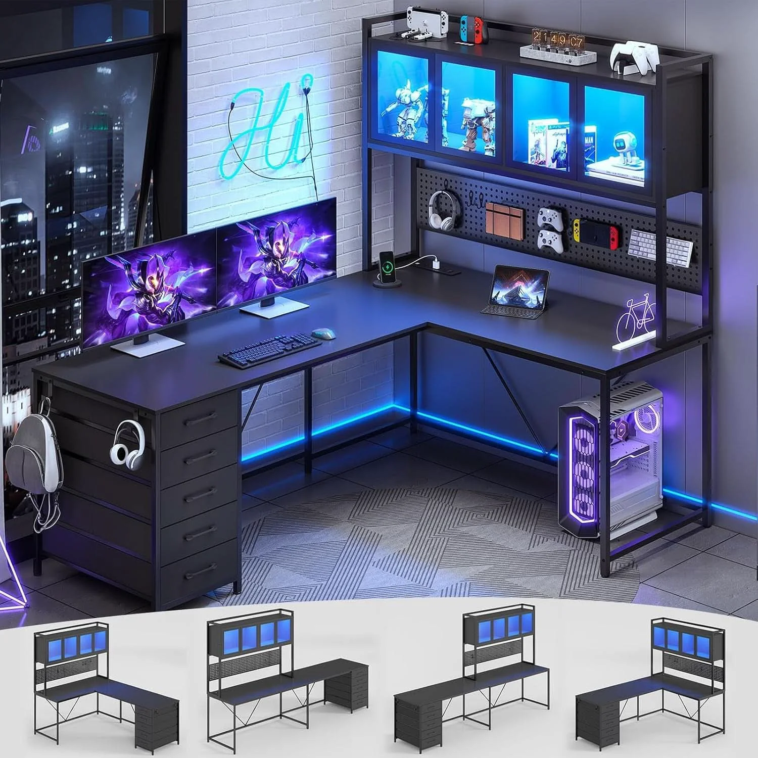 Smooth L Shaped Gaming Desk with Storage Drawers and Lights Convenient