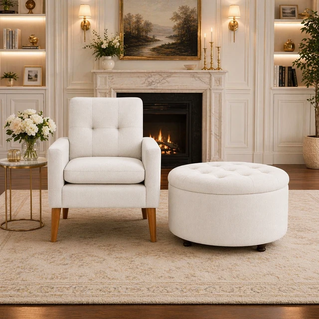 Traditional White Upholstered Accent Chair with Round Storage Ottoman Set for Livi Consistent