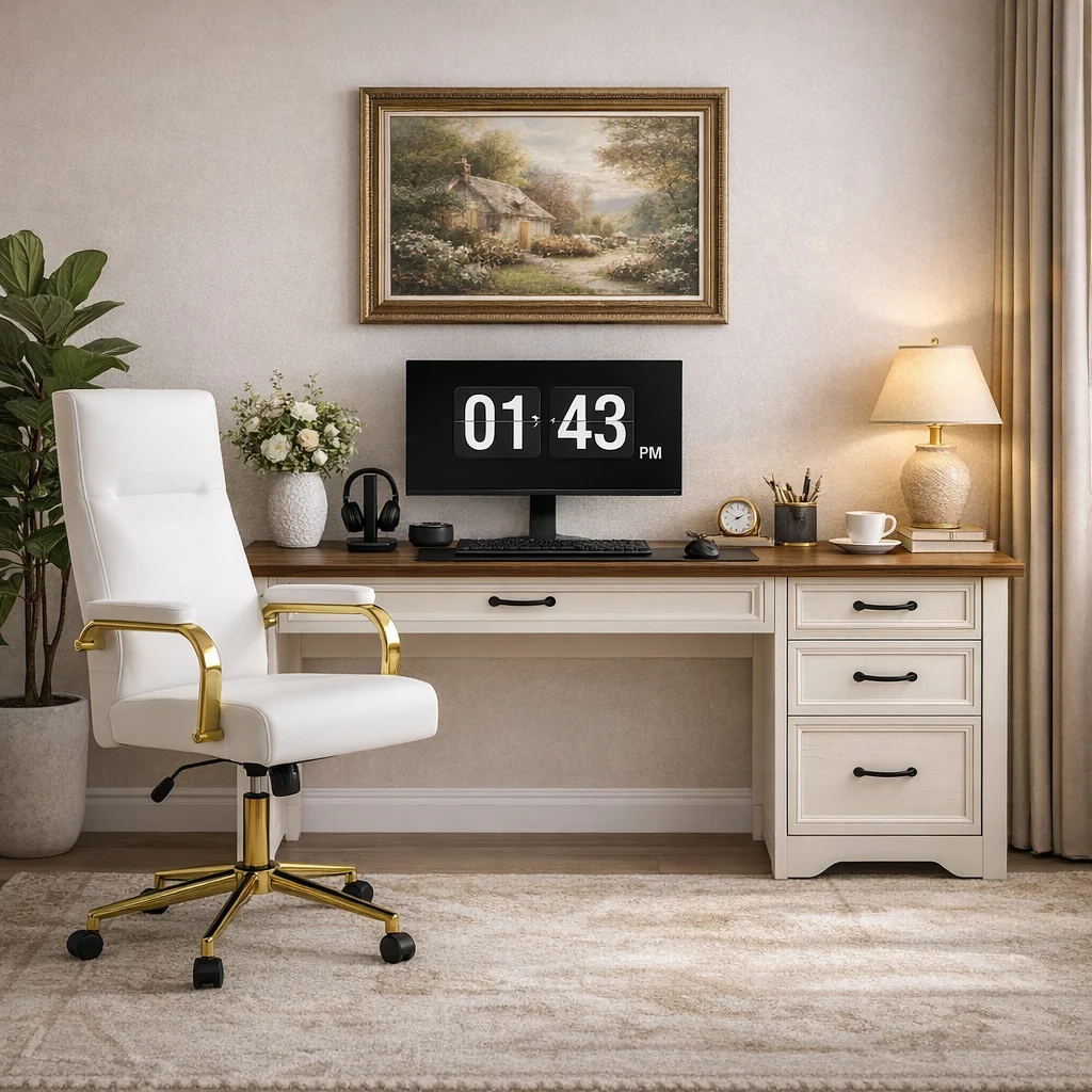 Effective 47 Inch Brown White Computer Desk and Office Chair Set with Storage Dr Safe