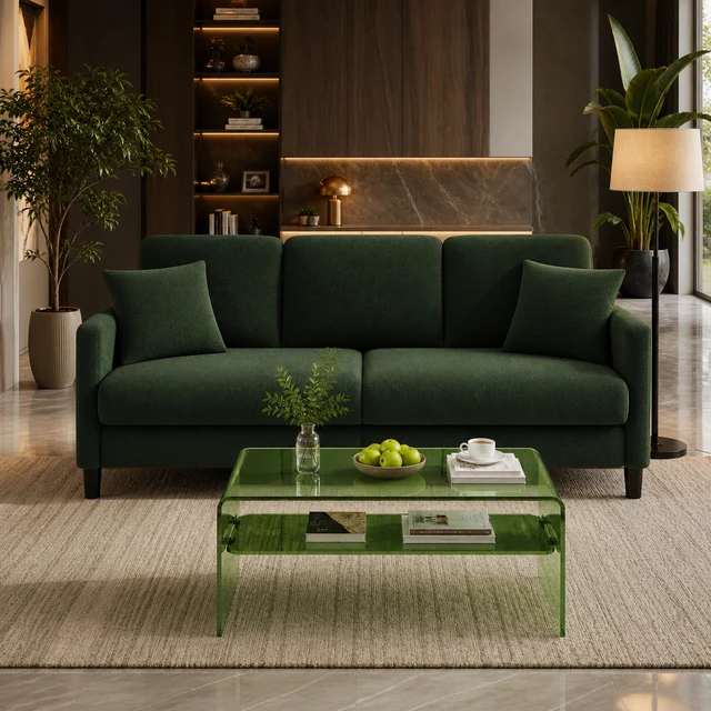 User-Friendly 83 Green Teddy Loveseat Sofa with Acrylic Coffee Table Set 2-Piece L Expertly Made