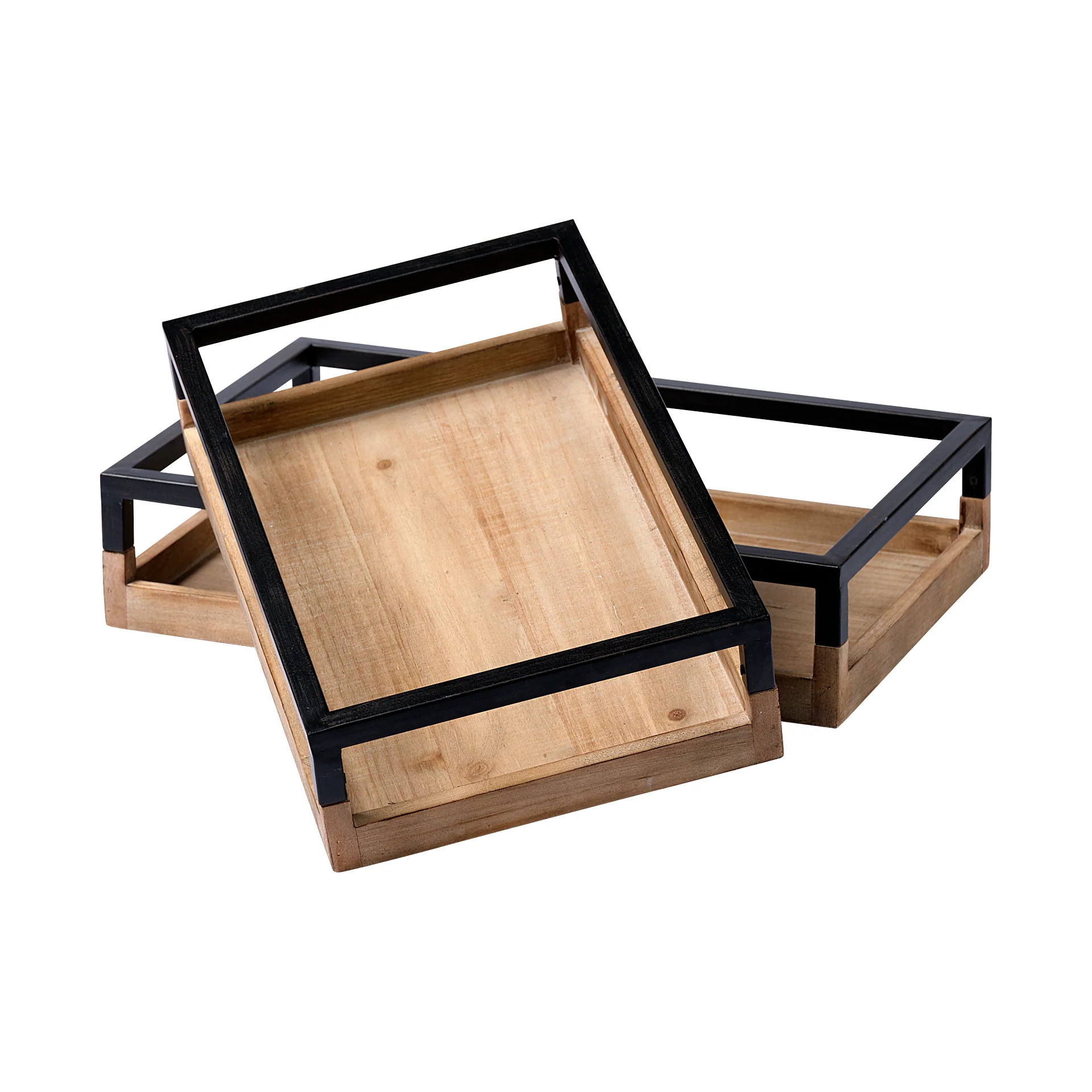 Premium Ross Set of 2 Natural Wood W Black Metal Nesting Trays Trusted