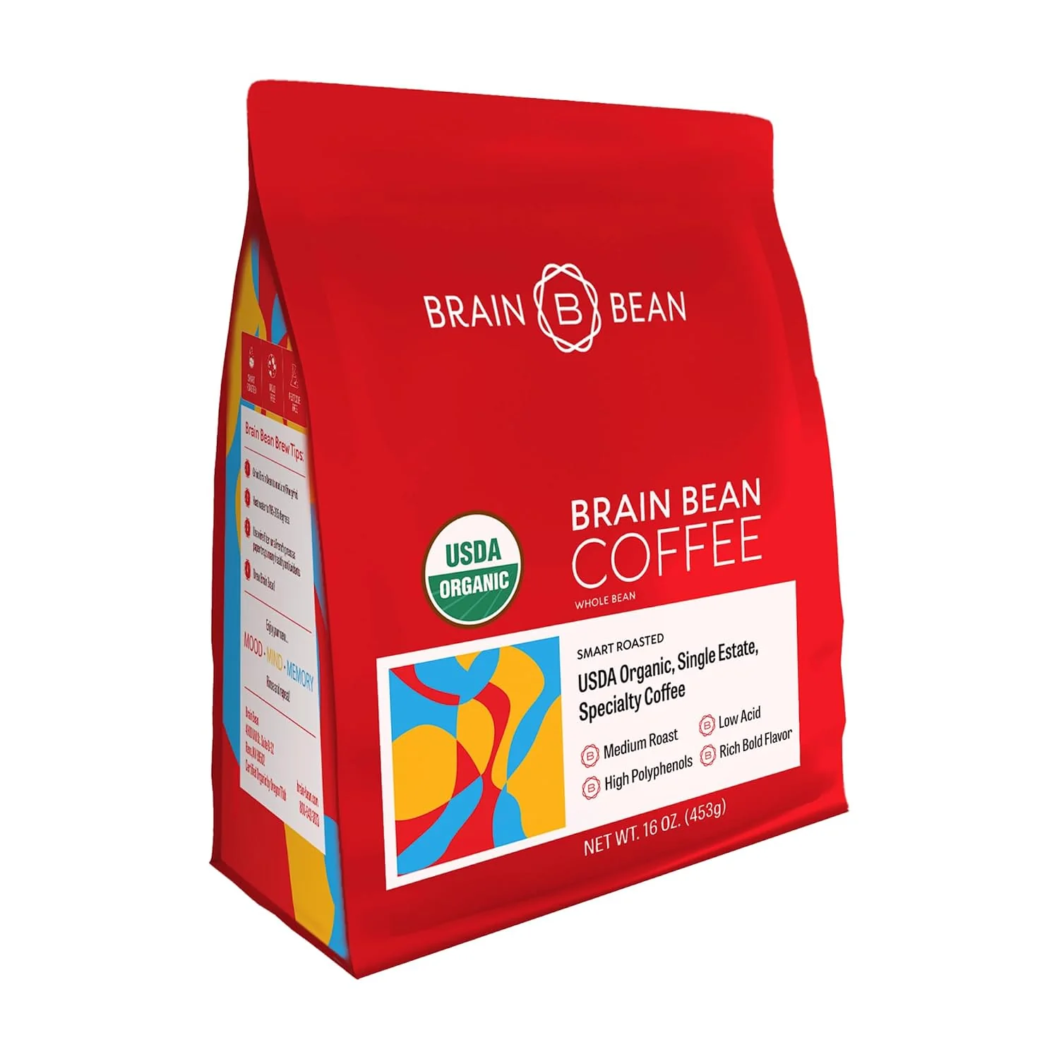 Prestigious Brain Bean Organic Coffee – USDA Organic Whole Bean Medium Roast – Premium Specialty Coffee – Fresh Roasted for Rich Aroma amp Smooth Balanced Flavor – 16 oz Unique