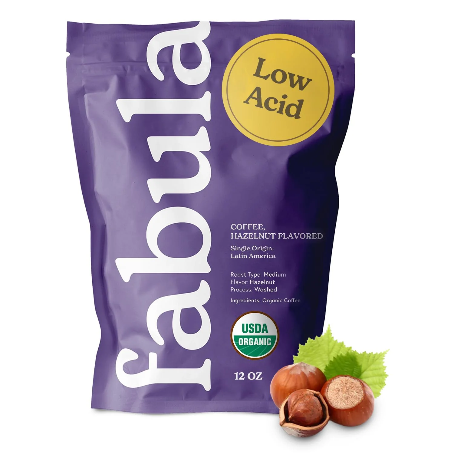 Verified Fabula Hazelnut Flavored Organic Coffee Freshly Ground - Low Acid - Single Origin - Non-GMO - Mold - 12 Ounces Recyclable