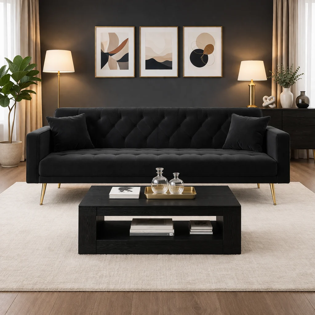 First-Class 71 Black Velvet Futon Sofa Bed with 35 Storage Coffee Table 2-Piece High-Grade