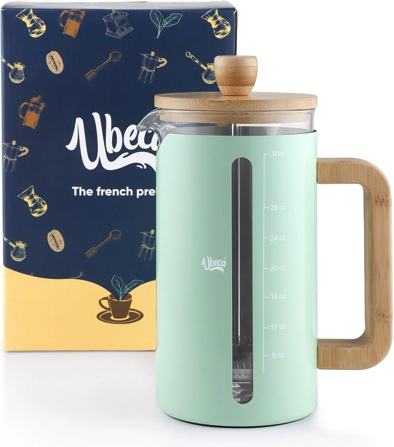 Advanced French Press Coffee Maker - 34 oz large Coffee Press with Bamboo Wood Handle mint green Heat Resistant Thick Borosilicate Glass carafe Durable