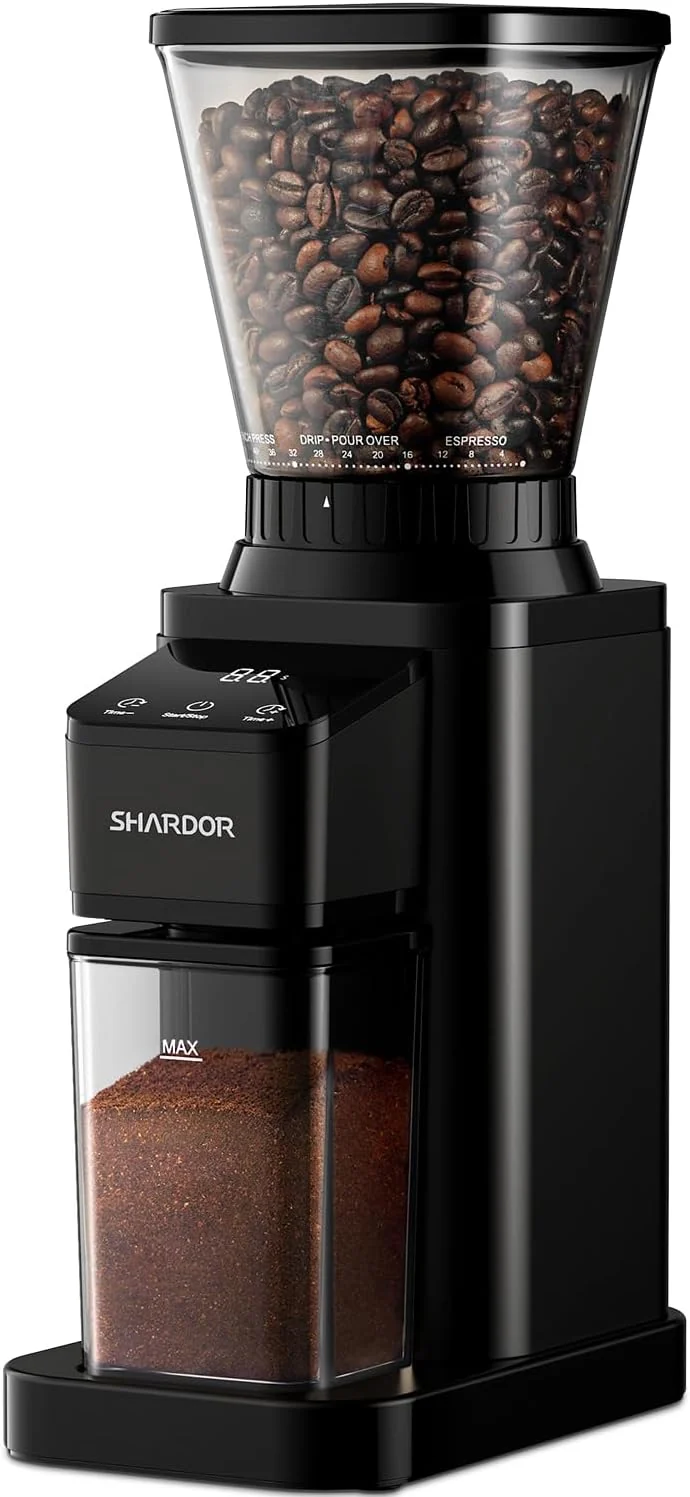 High-Grade SHARDOR Conical Burr Coffee Bean Grinder Anti-Static 48 Settings Black Electric Grinding for Home Use LCD Touchscreen Precision Timer Detachable Parts Low Speed 150W Motor 9.7 oz Hopper Responsible