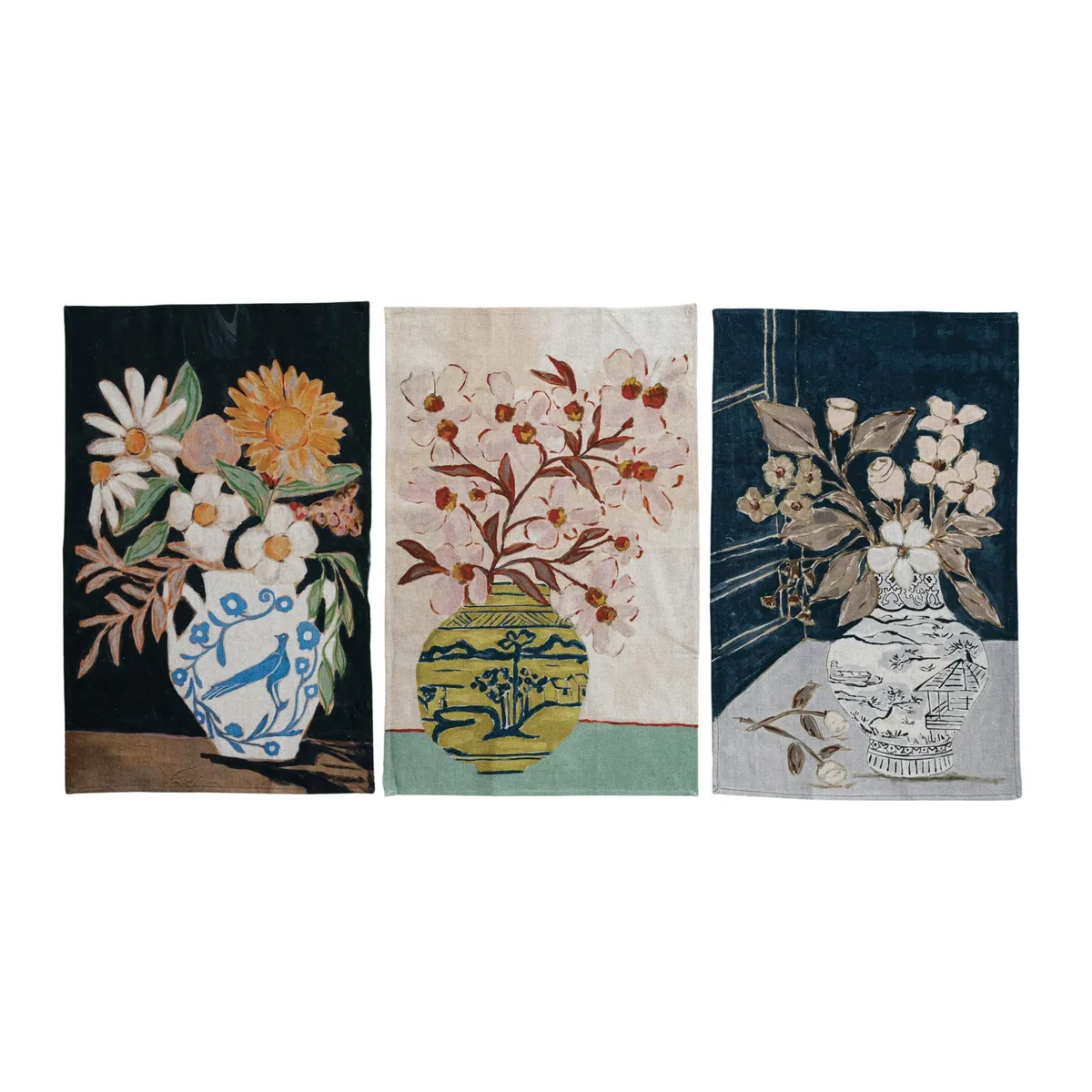 Minimalist Cotton Linen Printed Tea Towel w Flowers in Vase Stylish