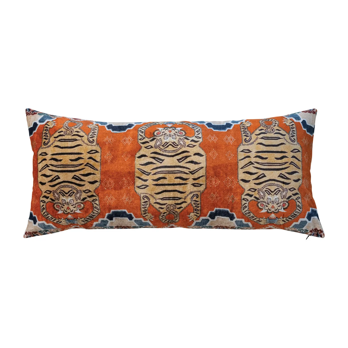High-Grade Cotton Velvet Printed Lumbar Pillow w Tibetan Tigers Pattern Cotton Back Enhanced
