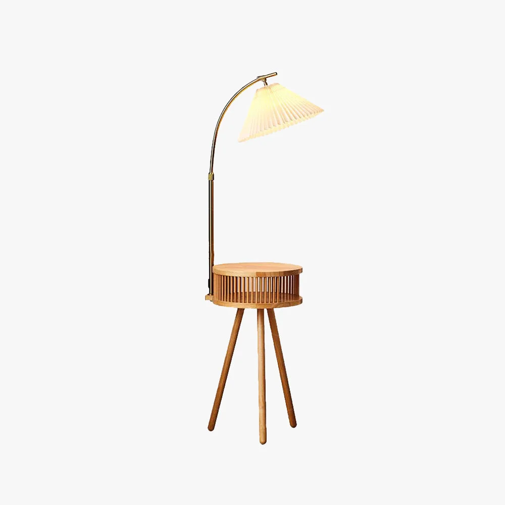 Elite Ozawa Retro Pleated Metal Wood Floor Lamp w Bedside Table Excellent