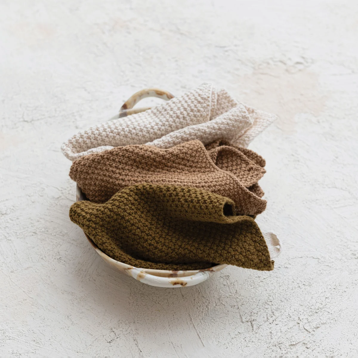 Green Cotton Knit Dish Cloths Set of 3 Tied w Cotton Tape Traditional
