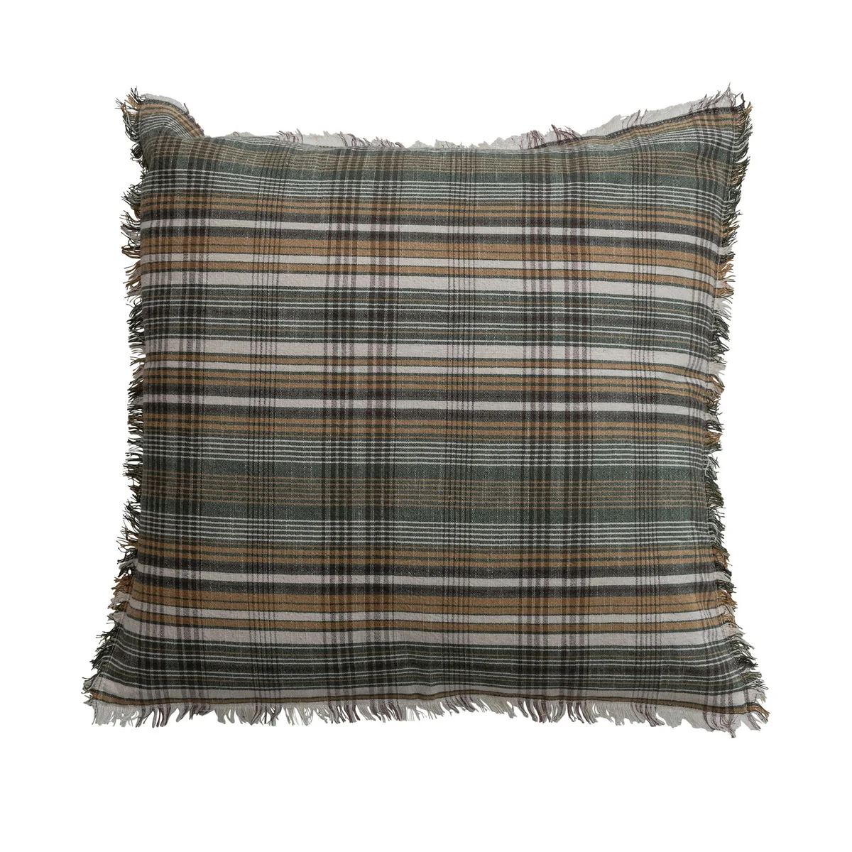 Clean Square Woven Linen Cotton 20-inch Pillow with Plaid Pattern Eyelash Fringe Smooth