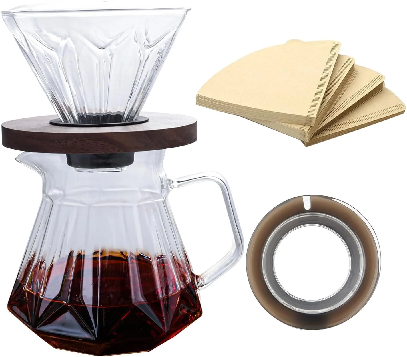 Environmentally Friendly Pour Over Coffee Maker Set 21 oz 620ml Glass Pour Over Coffee Dripper Filter Coffee Maker Kit Manual Grinder with Walnut Handle for Home Office Cafe Secure