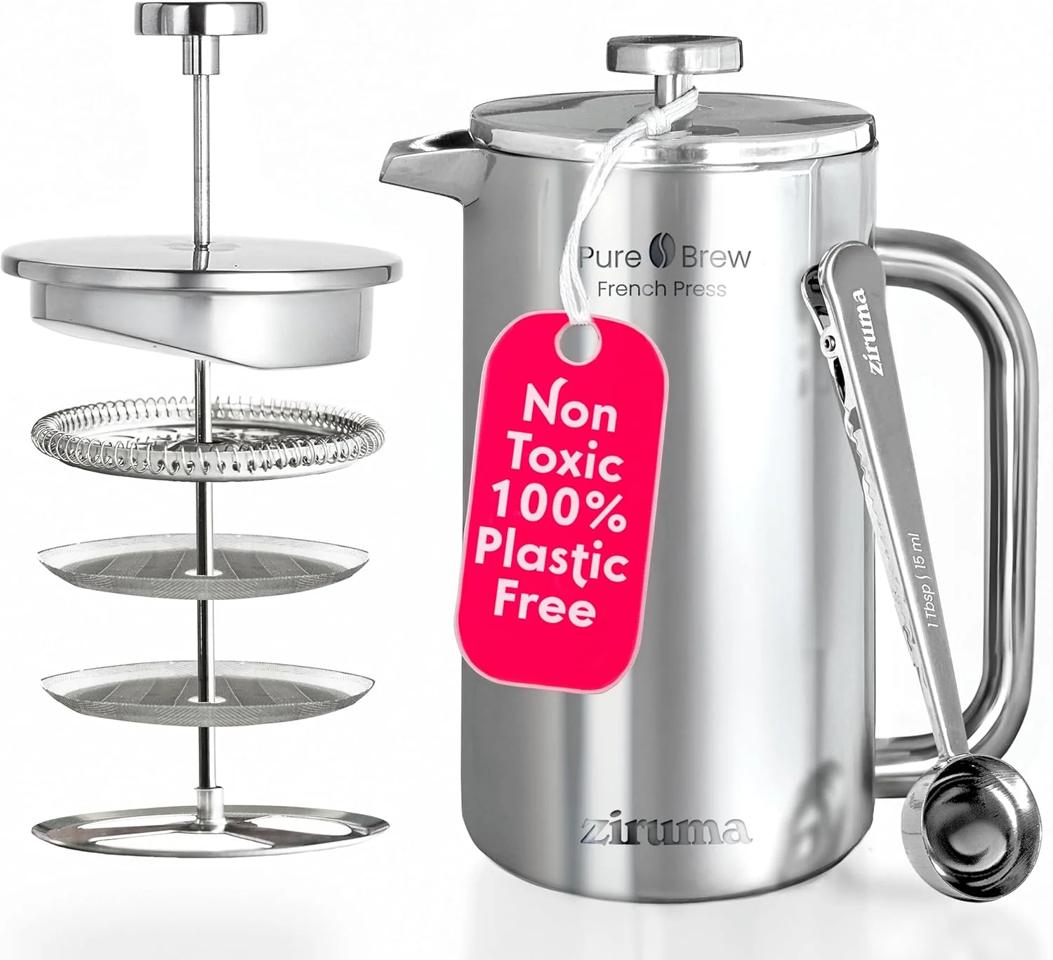 Crafted Ziruma Non-Toxic French Press Surgical Stainless Steel Coffee Press Plastic- Heavy Metal- No Endocrine Disruptors 34 Oz Double Wall 4-Layer Filter Portable Coffee Maker Comfortable