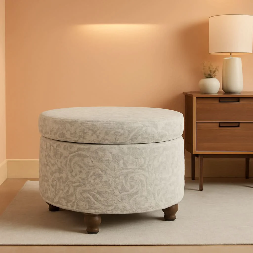 Top-Quality Gray Floral Storage Ottoman Large Round For Living Room First-Class