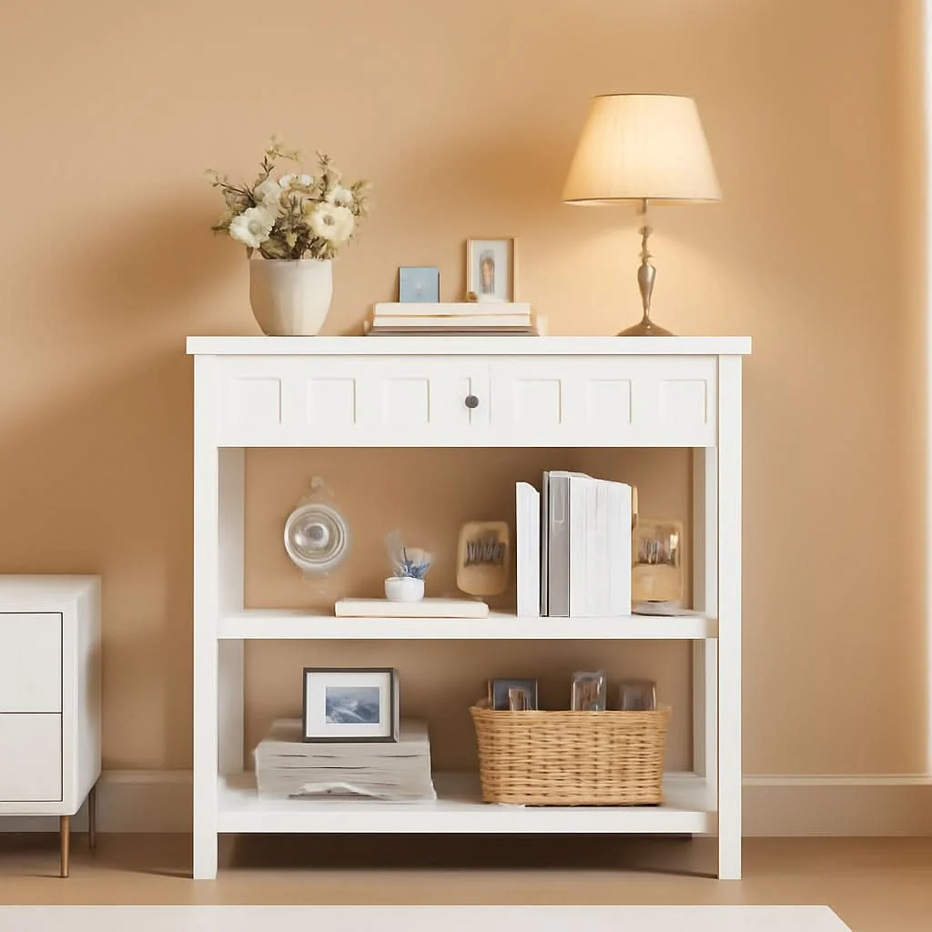 Detailed Bookcase With Drawer In White Oak Finish For Living Room Pure