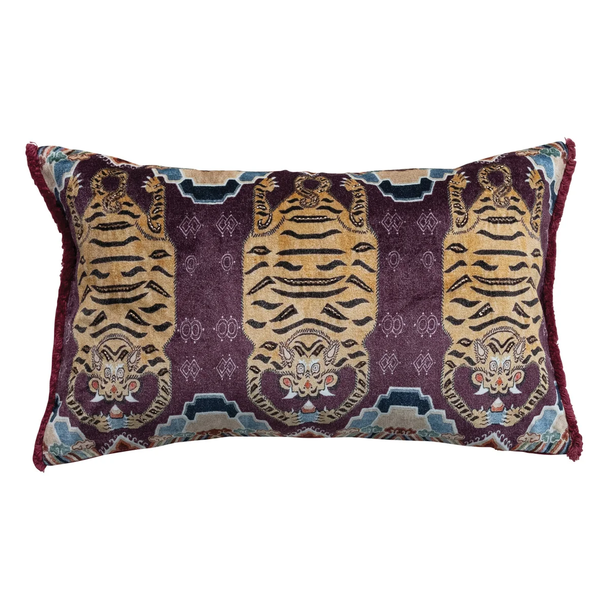 Minimalist Cotton Velvet Printed Lumbar Pillow w Tibetan Tigers Pattern Beads Eyelash Fringe Solid