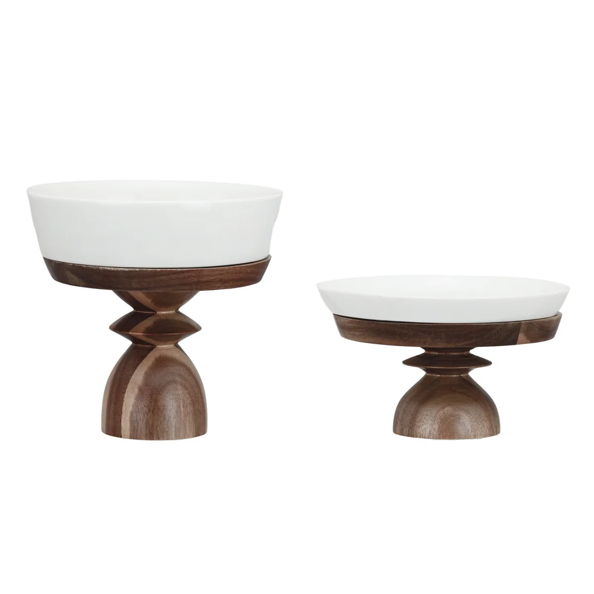 Authentic Stoneware Serving Dishes w Acacia Wood Pedestals Environmentally Friendly