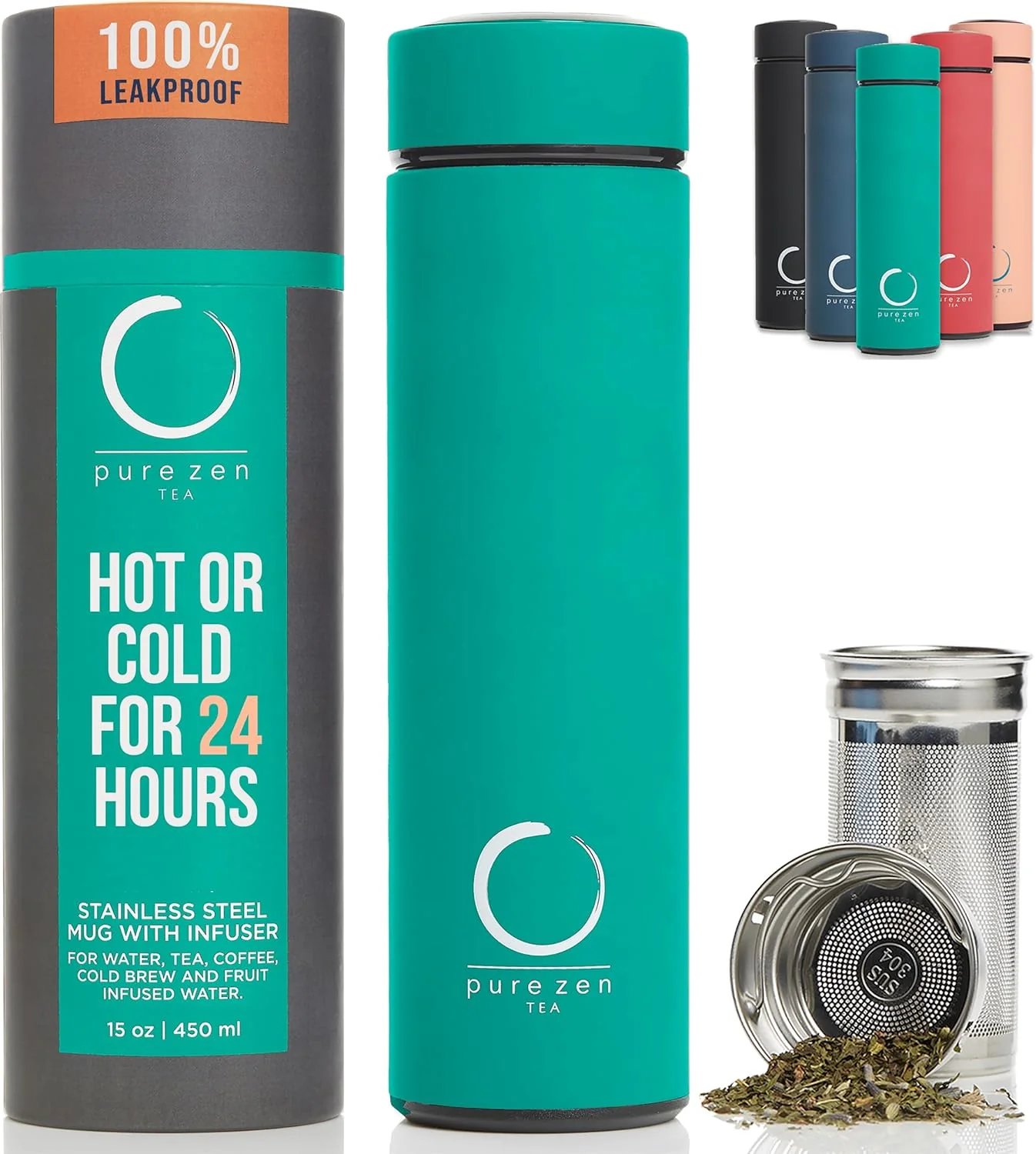 Versatile Pure Zen Tea Thermos with Infuser for Hot and Cold Infusions - Stainless Steel - Tea Infuser Bottle - Leakproof Travel Mug with Filter - 15oz Prestigious