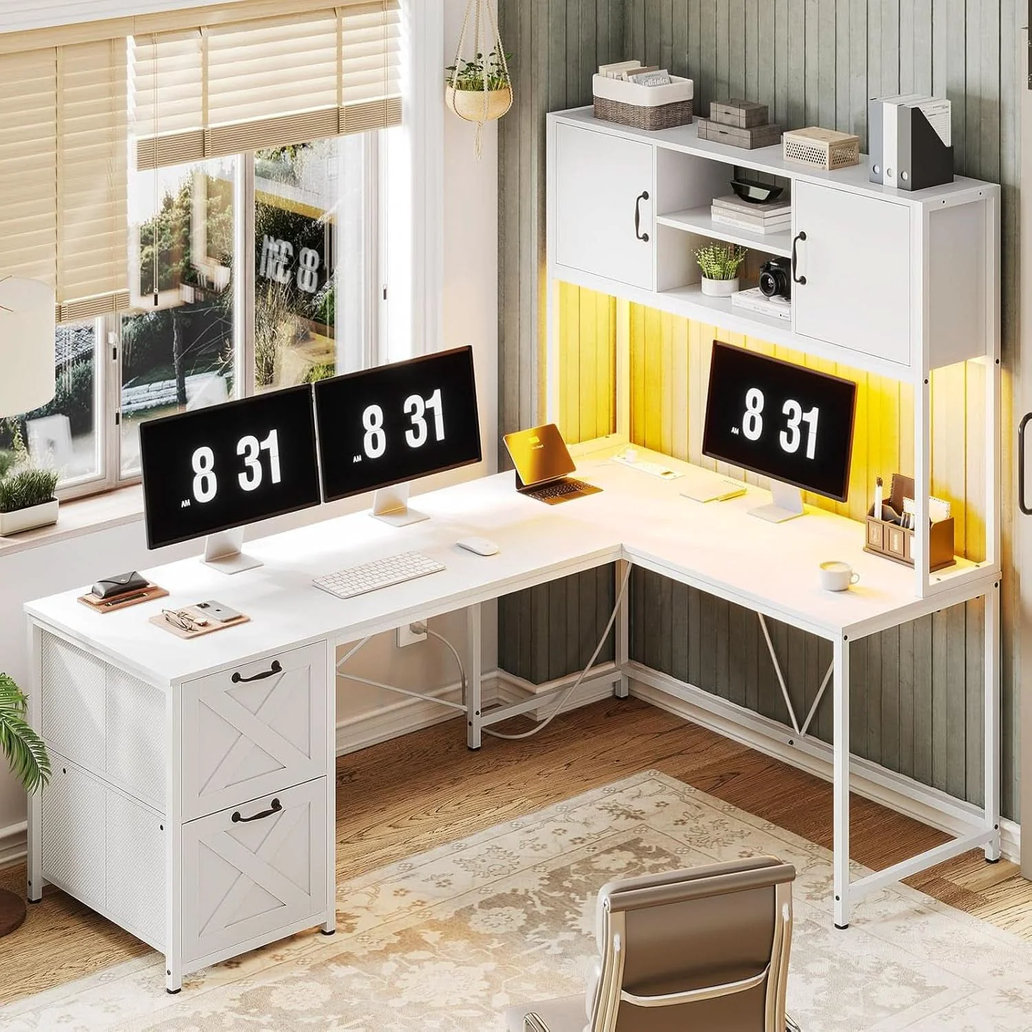 Relaxed White L Shaped Desk With Fabric File Drawers And Storage Comfortable
