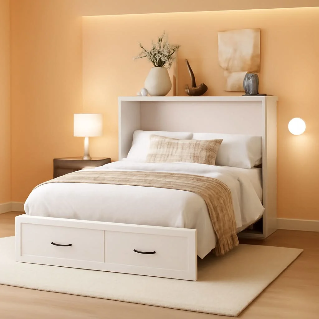 Advanced White Queen Murphy Bed Incorporating Charging Station First-Class