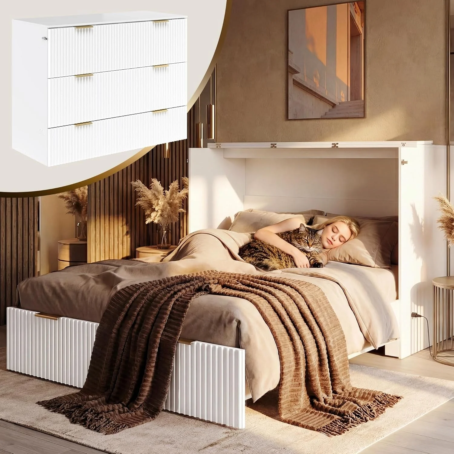 Modern White Queen Murphy Bed Featuring Integrated Charging Dependable