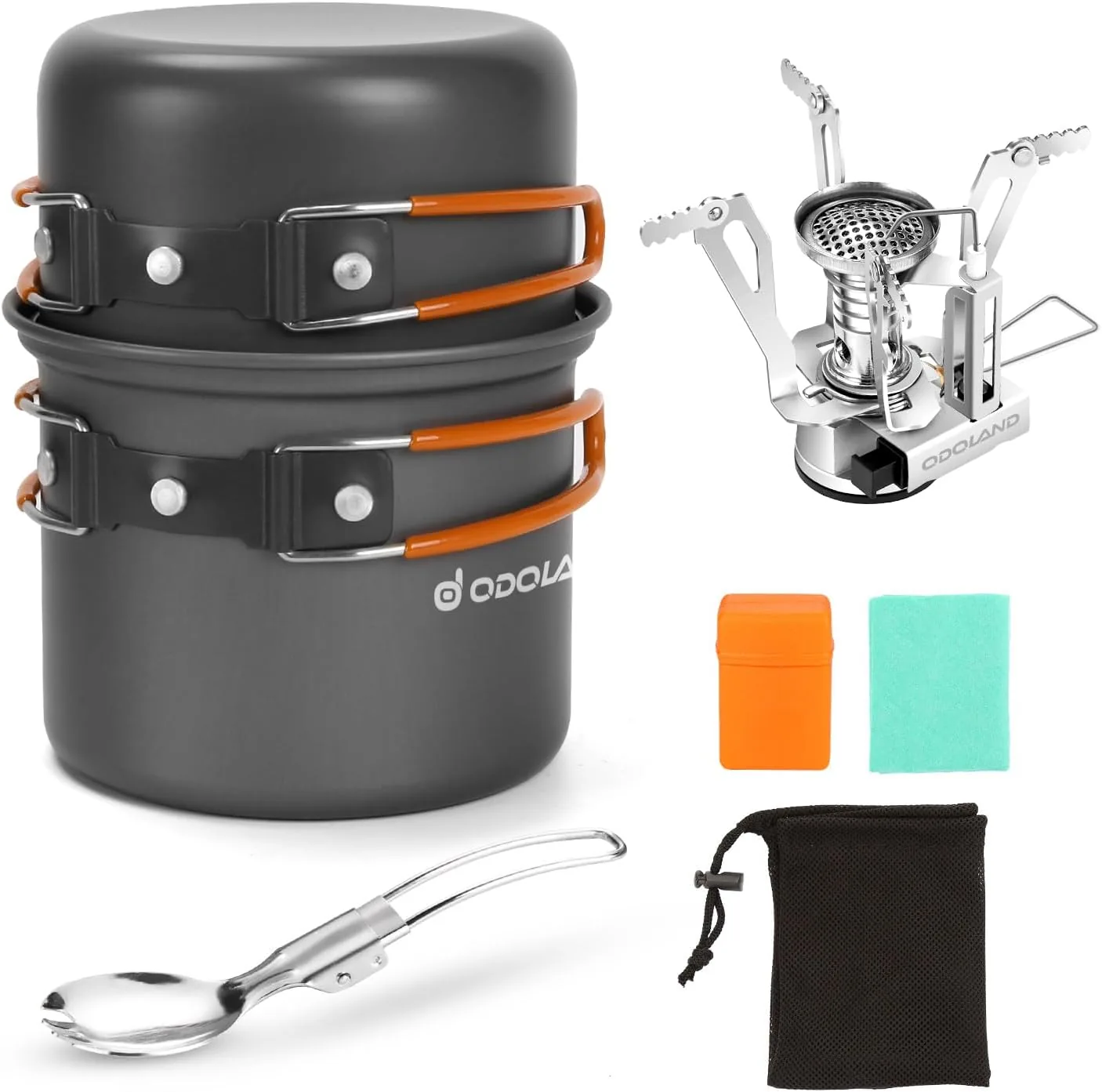 Eco-Friendly Odoland 6pcs Camping Cookware Mess Kit with Lightweight Pot Stove Spork and Carry Mesh Bag Great for Backpacking Outdoor Camping Hiking and Picnic Environmentally Friendly