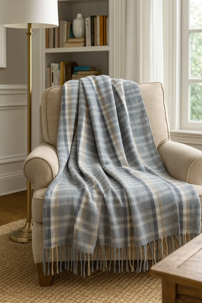 Functional Grey Plaid Throw Blanket with Tassels Optimized