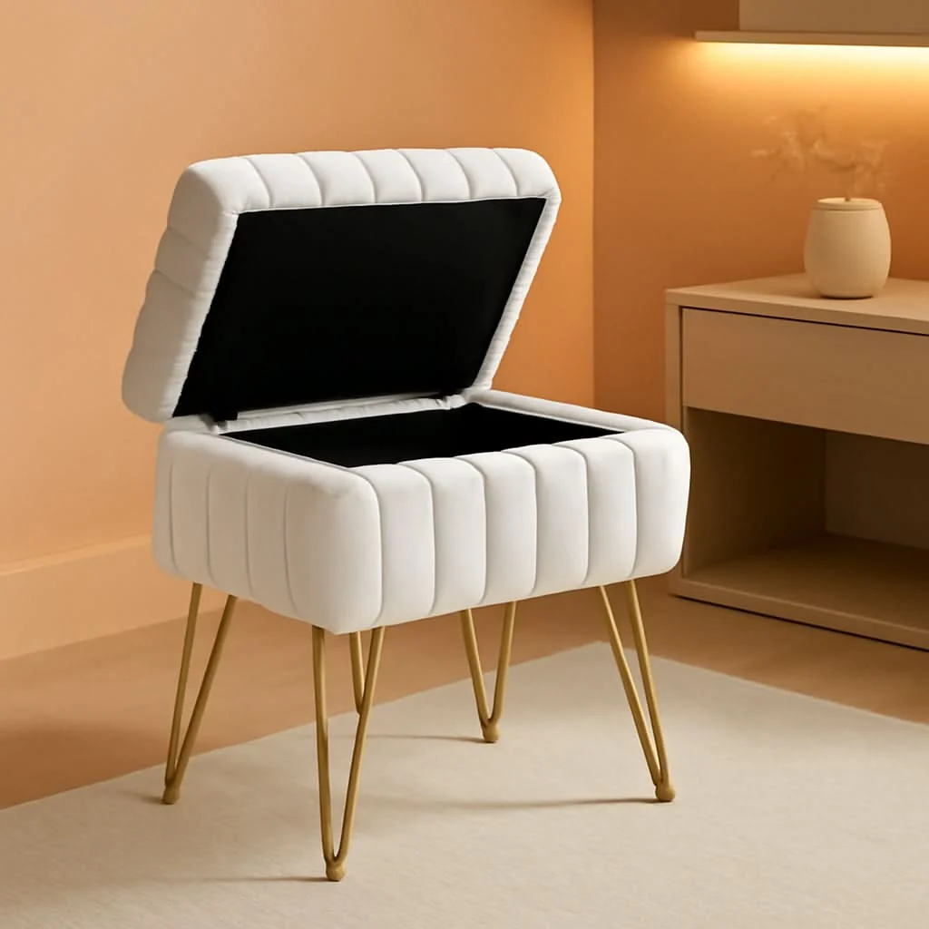 Traditional White Faux-Fur Vanity Stool With Premium-Grade Stowable-Storage Artisan