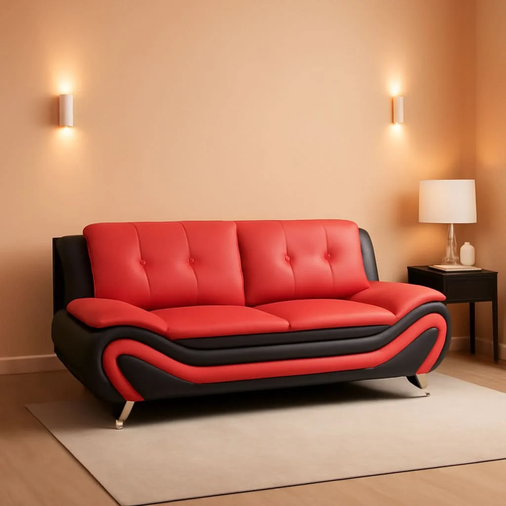 Optimized Faux Leather Living Room Sofa Set Red Black Loveseat Verified