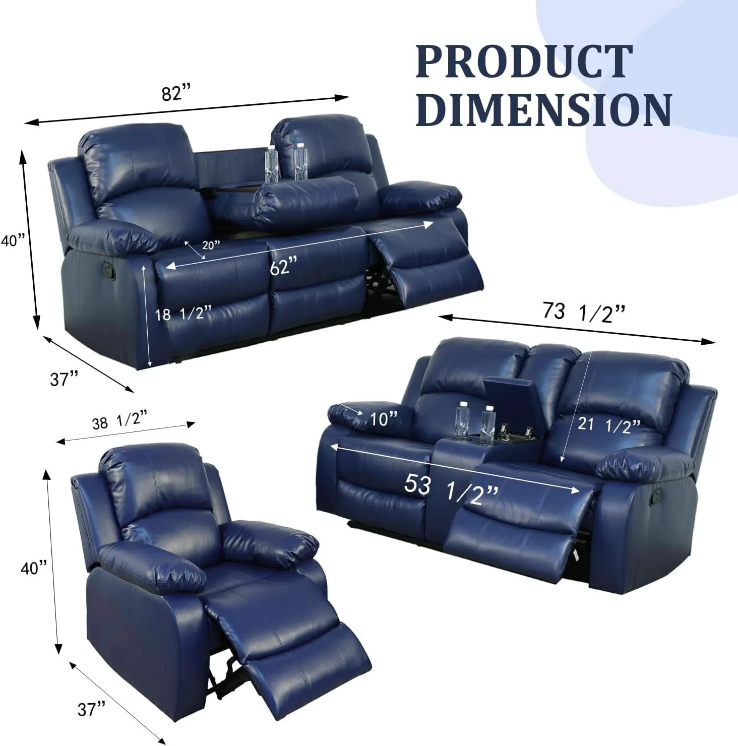 Prestigious Manual Leather Recliner Sofa Set Blue Living Room Furniture Powerful