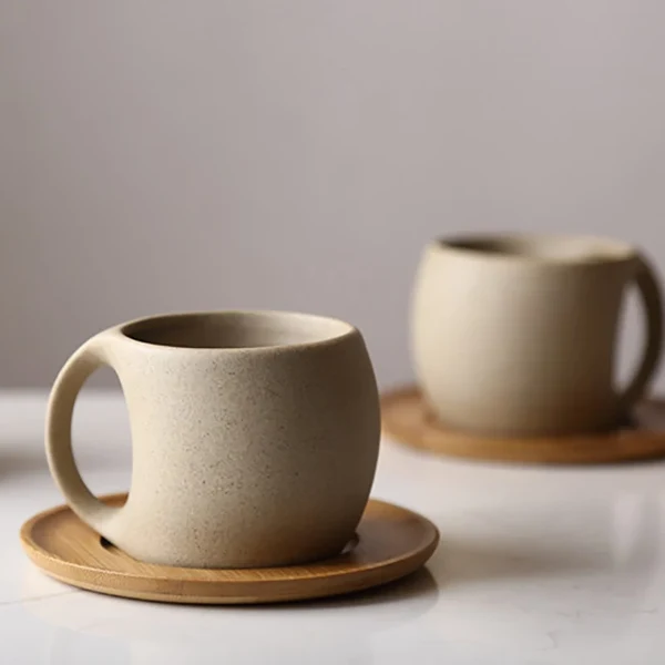 Premium Minimalist Ceramic Coffee Mug with Wooden Saucer Functional