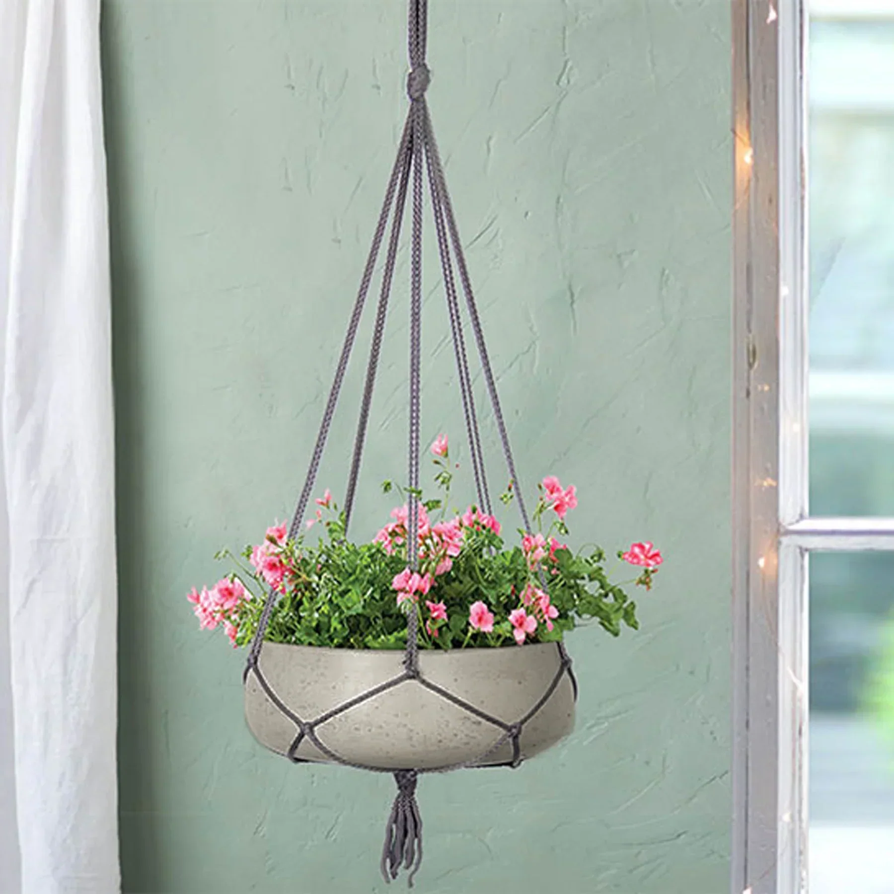Proven Circular Small Hanging Pot With Netting - Cement Grey Unique
