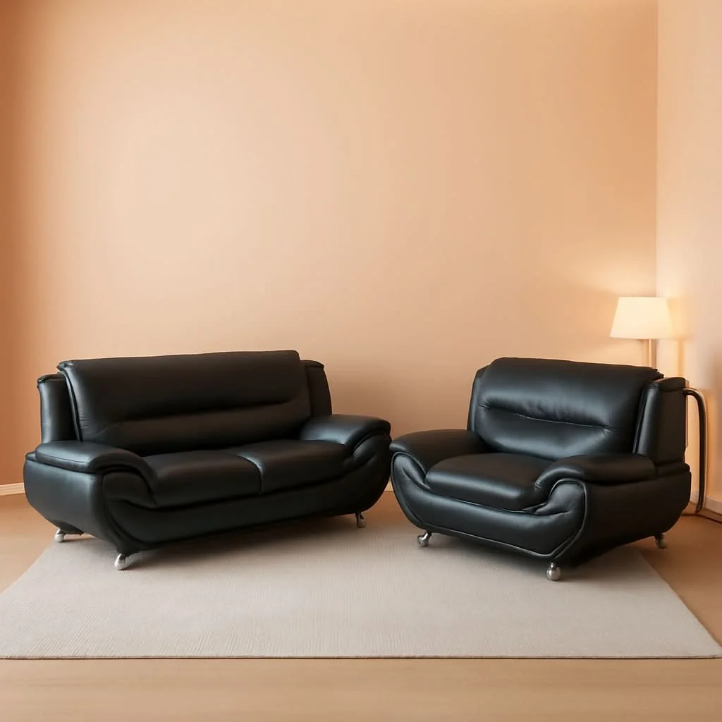 High-Grade Black Faux Leather Sofa Loveseat 2 Piece Living Room Set Efficient