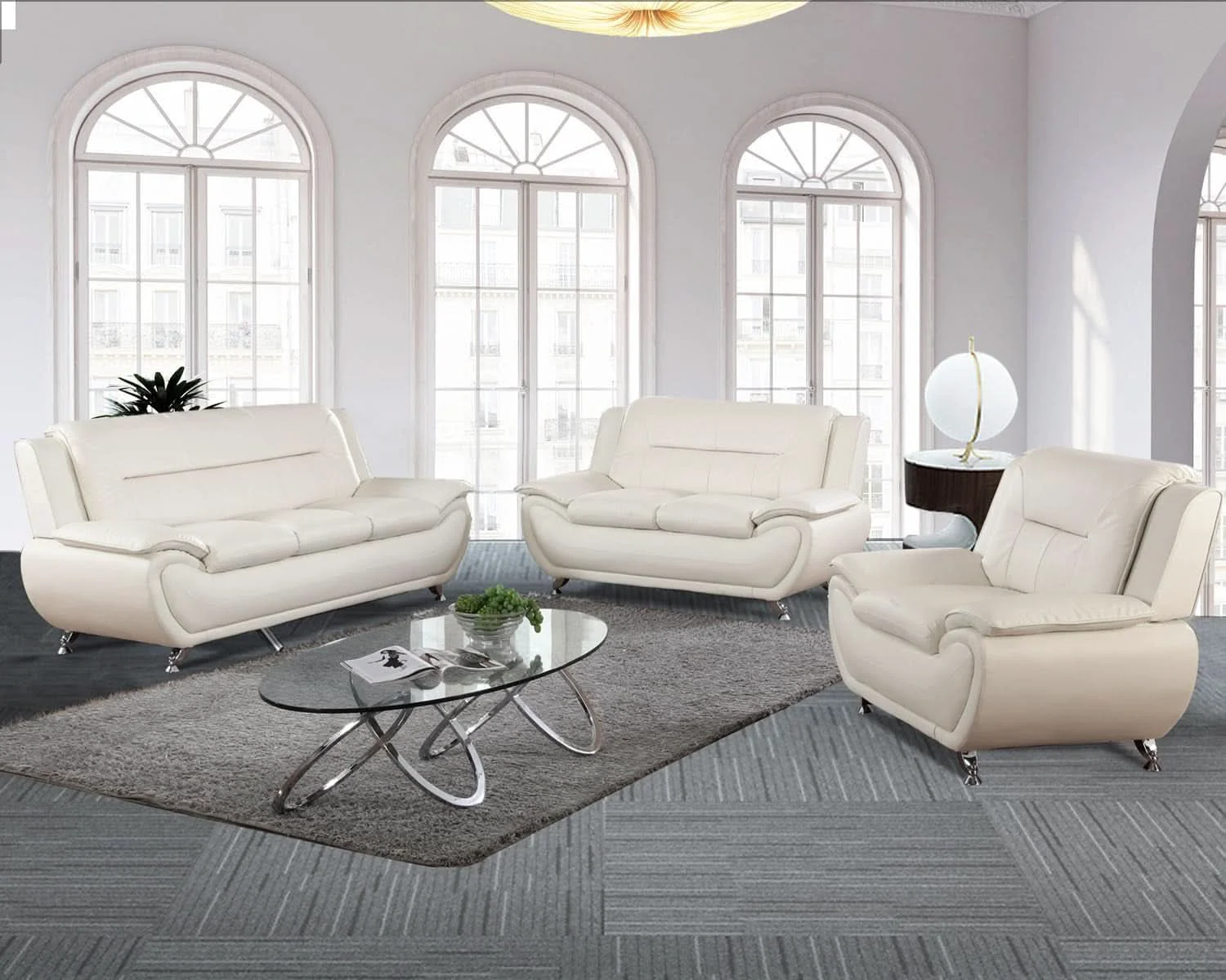Refined Faux Leather 3 Piece Modern Living Room Sofa Set White Certified
