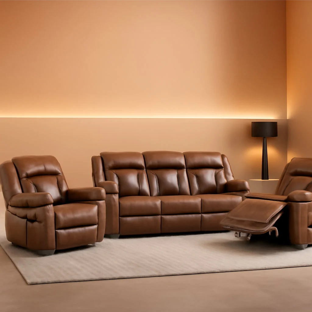 Efficient Brown Faux Leather Recliner Sofa Set Luxury Living Room Furniture Breathable