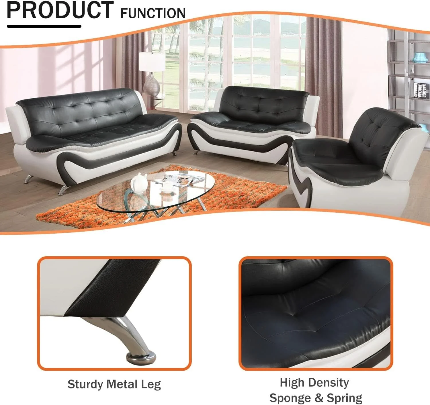 Powerful Living Room Faux Leather Sofa Set 3 Piece Black White Specialty