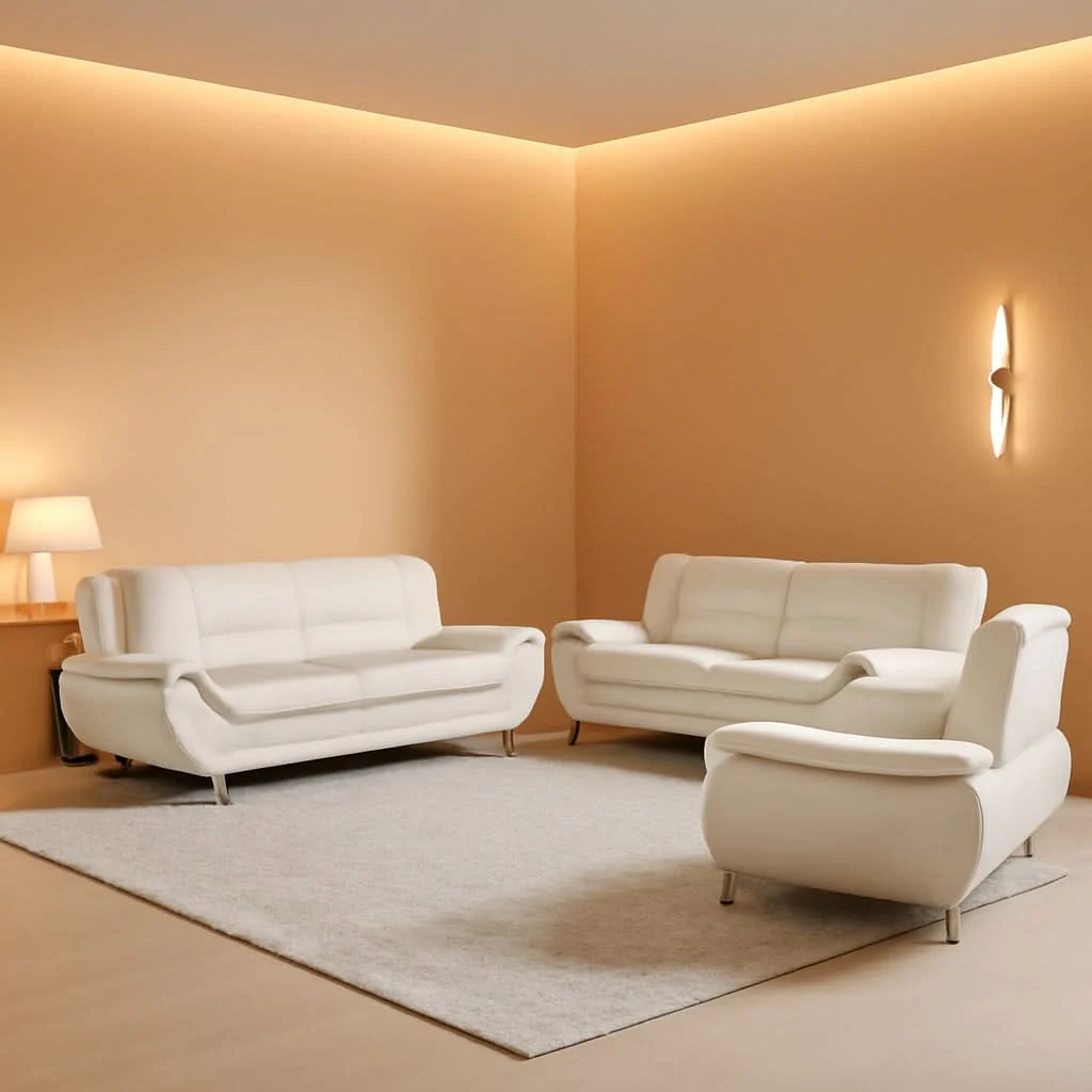 Easy-to-Use Leather Sofa Set 3 Piece White For Living Room Furniture Functional