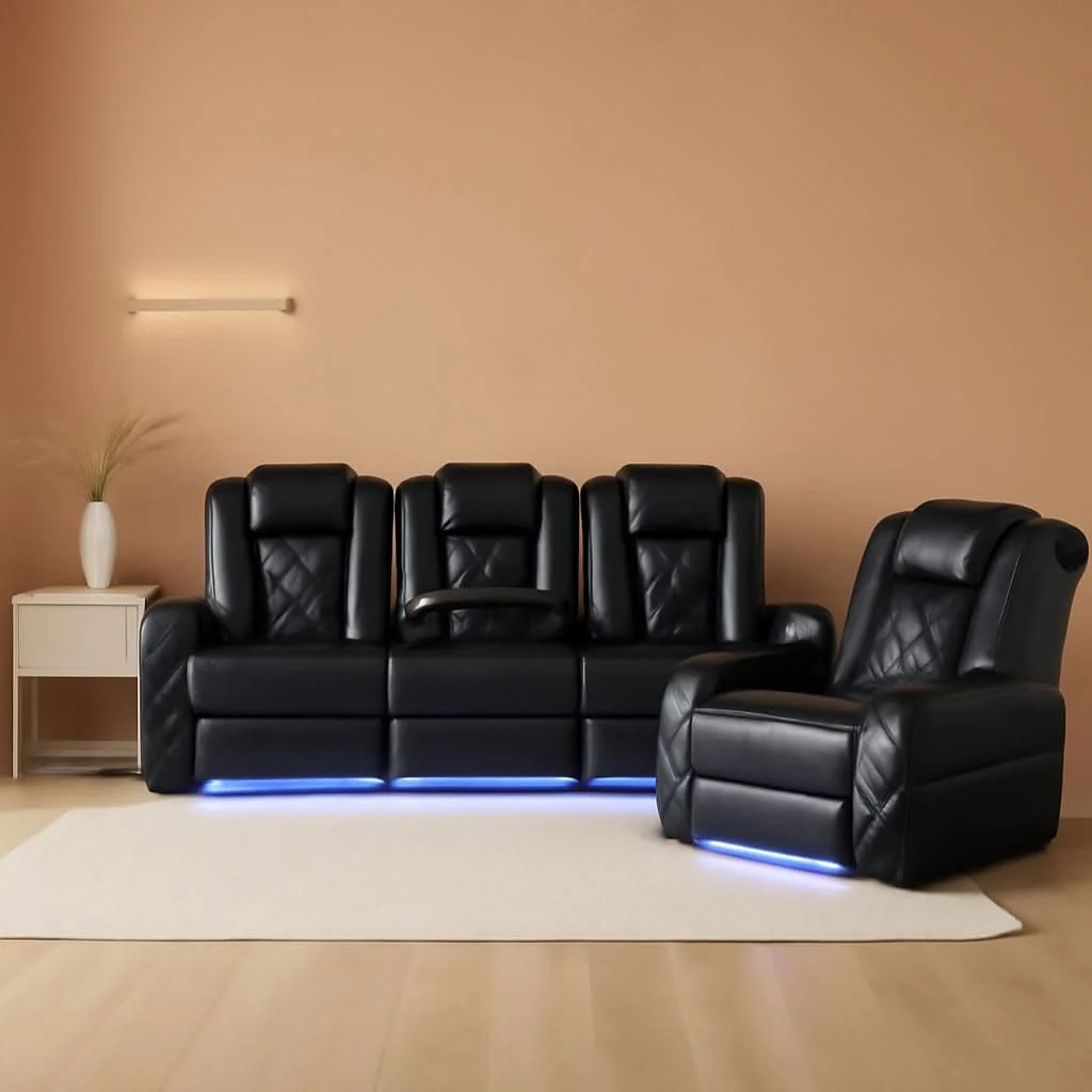 Proven Black Leather Reclining Sofa Set With LED Light Living Room Luxury