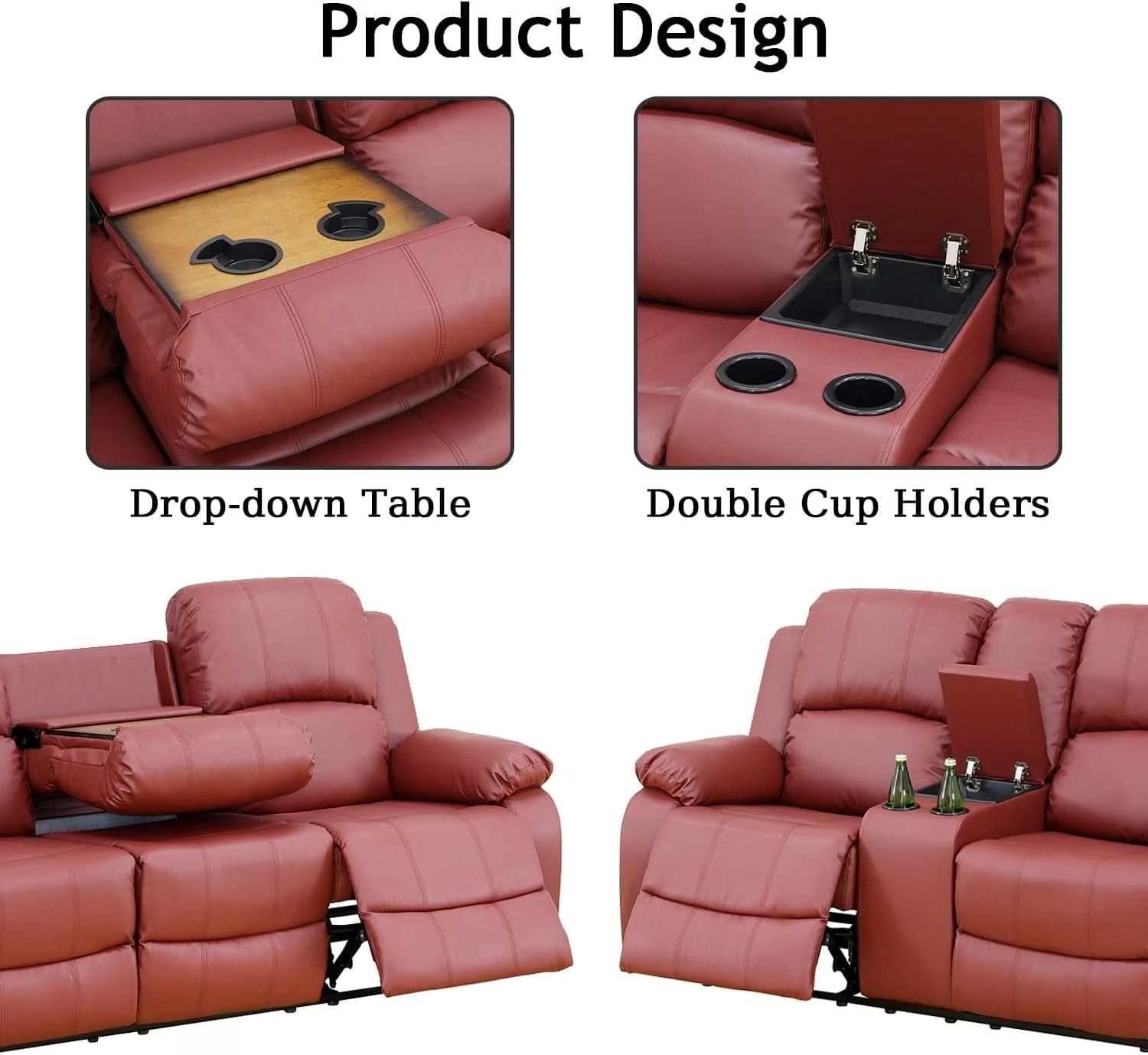 Proven Leather Recliner Sofa Set Red Three Piece Living Room Furniture Long-Lasting
