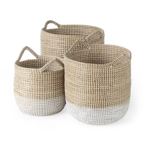 Sustainable Maddie Light Brown W White Black Dipped Seagrass Round Basket W Handles Refined