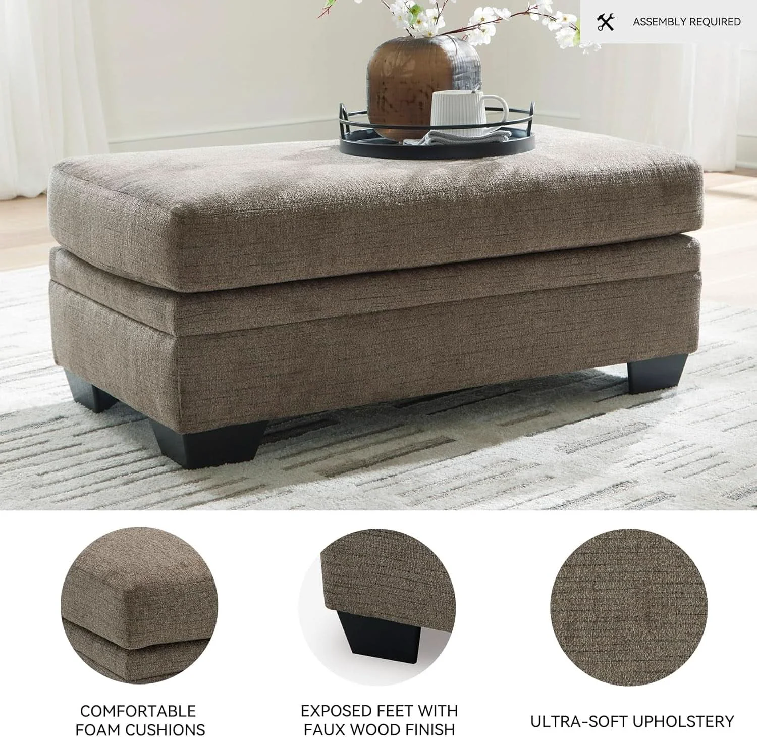 Selected Dark Brown Upholstered Rectangular Ottoman Living Room Elite