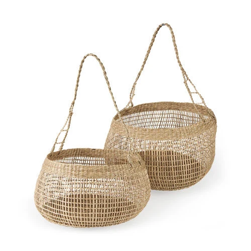 Genuine Nova Light Brown Seagrass Woven Round Basket W Long Handle Fine Crafted