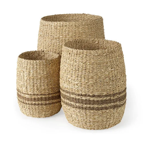 Elegant Sivannah Light Brown and Medium Brown Striped Seagrass Round Basket Genuine
