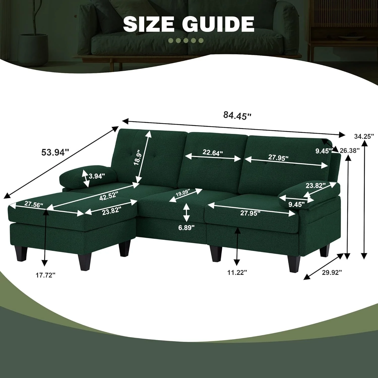 Genuine Eighty Six Inch Green Sectional Sofa Living Room Set Exceptional