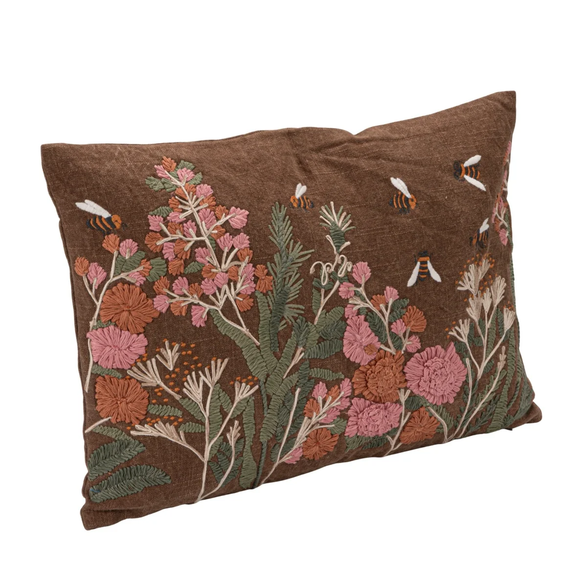 Eco-Friendly Stonewashed Cotton Slub Lumbar Pillow with Hand-Embroidered Flowers Bees Environmentally Friendly